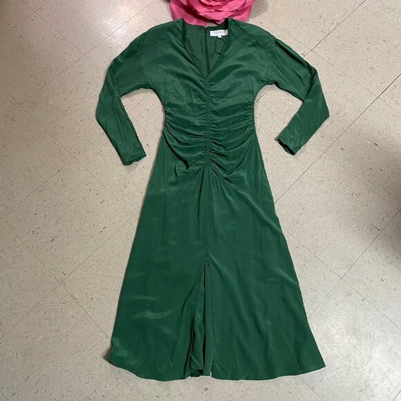 EQUIPMENT FEMME‎ Arya Green Silk Ruched Midi Dress Elegant Old Money Chic - Picture 5 of 16